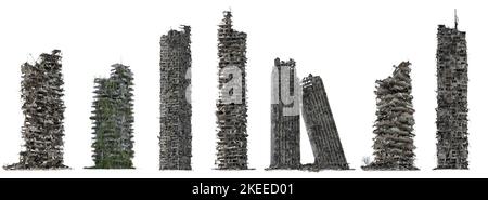 set of ruined skyscrapers, tall post-apocalyptic buildings, isolated on white background Stock Photo