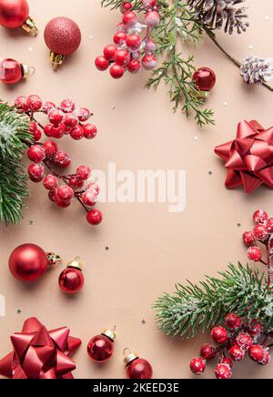 Christmas flat lay composition. Boho style balls, stars, pine cones  decorations on beige background Stock Photo - Alamy