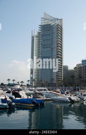 Skyscraper and Small boats, Marina, Beirut, Lebanon, Middle East Stock Photo