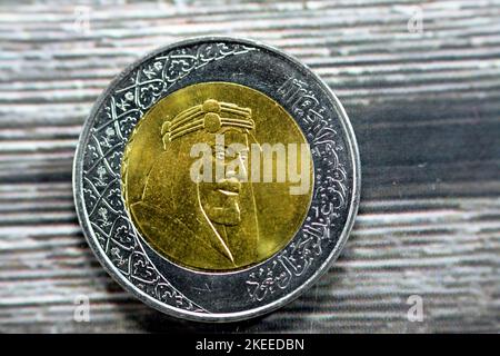 Obverse side of 2 SAR two Saudi Arabia riyals coin series 1438 AH 2016 features portrait of king AbdulAziz Bin AbdulRahman Al Saud the founder of dyna Stock Photo