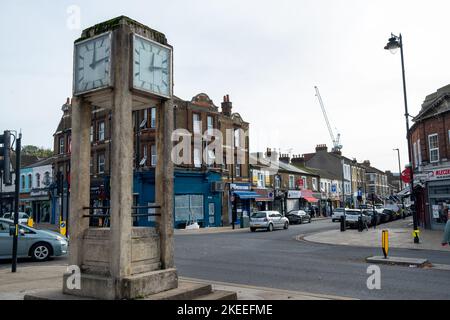 London- November 2022: The Clock Tower on Uxbridge Road, an historical landmark in Hanwell Town Centre- Ealing Stock Photo