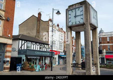 London- November 2022: The Clock Tower on Uxbridge Road, an historical landmark in Hanwell Town Centre- Ealing Stock Photo