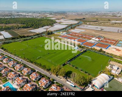 Aerial view of outdoor sports facility with football fields and tennis courts Stock Photo