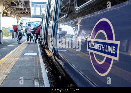 London- November 2022: Elizabeth Line train at Southall Station in West London Stock Photo