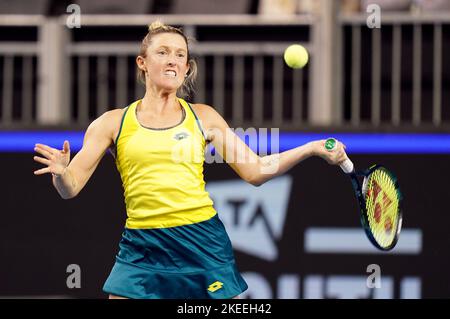 Australia's Storm Sanders in action against Great Britain's Heather Watson during the semi-final match of the Billie Jean King Cup between Great Britain and Australia at the Emirates Arena, Glasgow. Issue date: Saturday November 12, 2022. Stock Photo