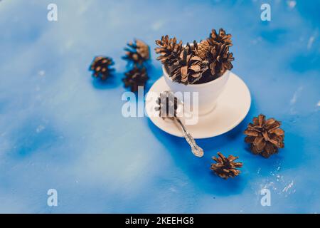 Dried pine cones on blue background. creative composition with pine cones in white ceramic cup. winter time. diy material for hobbies Stock Photo