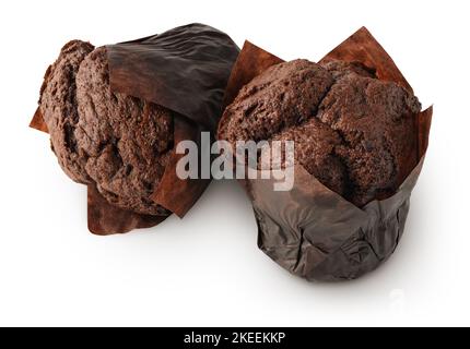 Two dark chocolate muffins, or cupcakes, isolated on white background Stock Photo