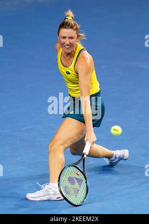 Australia's Storm Sanders in action against Great Britain's Heather Watson during the semi-final match of the Billie Jean King Cup between Great Britain and Australia at the Emirates Arena, Glasgow. Issue date: Saturday November 12, 2022. Stock Photo