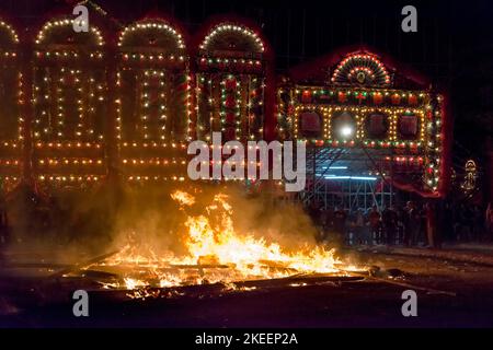 The burned remains of the effigy of the Ghost King at the climactic ceremony of the decennial Da Jiu festival, Kam Tin, Hong Kong, 2015 Stock Photo