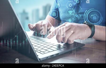 Digital system for transferring documents. Man Typing Keyboard Laptop Hand.Project Manager Researching Process. Manager working on a project in open s Stock Photo