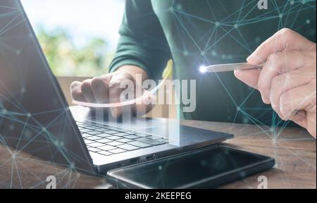 hands with laptop. Business Intelligence, data exchange, digital technology, data science and digital marketing, Investment on global business Stock Photo