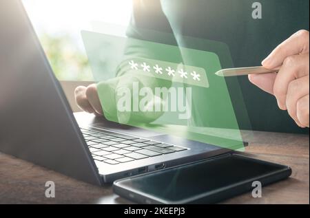 password to access personal user data, cybersecurity concept. protect personal information by verifying identity before using laptop. login and passwo Stock Photo
