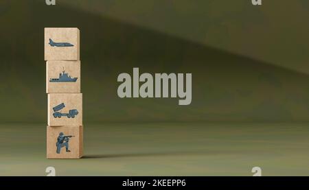 Military equipment wooden block icons on with camouflage background. copy space Army war battle conflict weapons of tank, aircraft, artillery, Navy, a Stock Photo