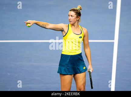 Australia's Storm Sanders in action against Great Britain's Heather Watson during the semi-final match of the Billie Jean King Cup between Great Britain and Australia at the Emirates Arena, Glasgow. Issue date: Saturday November 12, 2022. Stock Photo