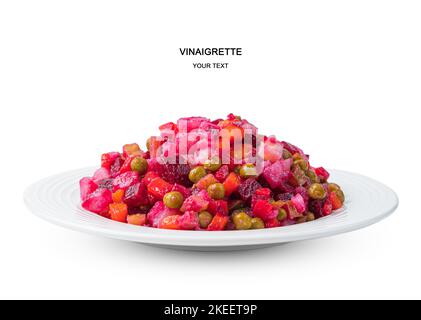 Vinaigrette, vegetable salad with peas and sauerkraut and fresh herbs is isolated on a white background. Stock Photo