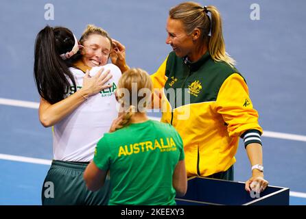 Australia's Storm Sanders celebrates with members of her team after beating Great Britain's Heather Watson during the semi-final match of the Billie Jean King Cup between Great Britain and Australia at the Emirates Arena, Glasgow. Issue date: Saturday November 12, 2022. Stock Photo