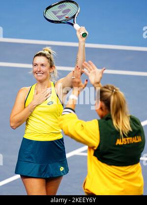 Australia's Storm Sanders is applauded by captain Alicia Molik after beating Great Britain's Heather Watson during the semi-final match of the Billie Jean King Cup between Great Britain and Australia at the Emirates Arena, Glasgow. Issue date: Saturday November 12, 2022. Stock Photo