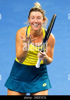 Australia's Storm Sanders reacts after beating Great Britain's Heather Watson during the semi-final match of the Billie Jean King Cup between Great Britain and Australia at the Emirates Arena, Glasgow. Issue date: Saturday November 12, 2022. Stock Photo