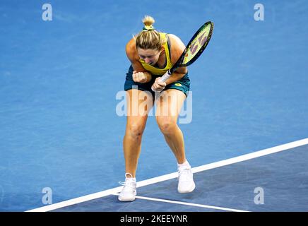 Australia's Storm Sanders reacts after beating Great Britain's Heather Watson during the semi-final match of the Billie Jean King Cup between Great Britain and Australia at the Emirates Arena, Glasgow. Issue date: Saturday November 12, 2022. Stock Photo