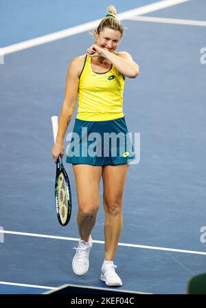 Australia's Storm Sanders after beating Great Britain's Heather Watson during the semi-final match of the Billie Jean King Cup between Great Britain and Australia at the Emirates Arena, Glasgow. Issue date: Saturday November 12, 2022. Stock Photo