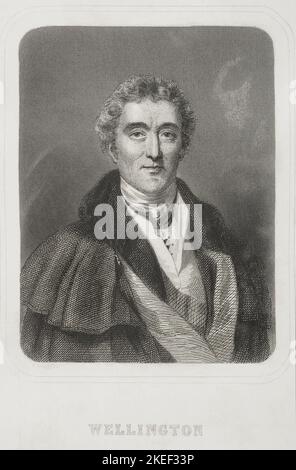 Arthur Colley Wellesley, 1st Duke of Wellington (1769-1852). British general and politician. During the Peninsular War he led the British troops fighting in Spain against Napoleon. Portrait. Engraving by Geoffroy. 'Historia Universal', by César Cantú. Volume VI. 1857. Author: Charles Geoffroy (1819-1882). French engraver. Stock Photo