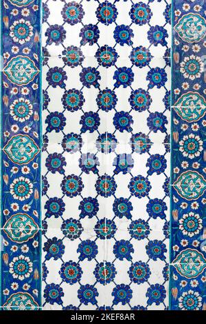 Ancient Ottoman Handmade Turkish Tiles with floral patterns from Rustem Pasha Mosque in Istanbul, Turkey. Stock Photo