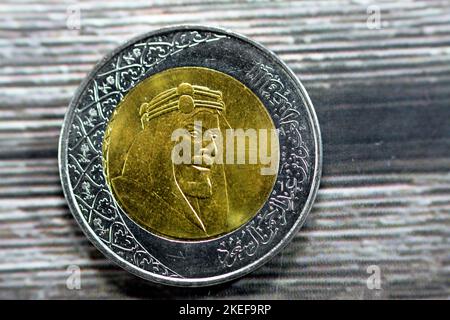 Obverse side of 2 SAR two Saudi Arabia riyals coin series 1438 AH 2016 features portrait of king AbdulAziz Bin AbdulRahman Al Saud the founder of dyna Stock Photo