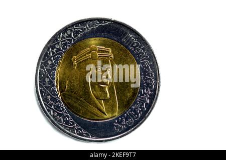 Obverse side of 2 SAR two Saudi Arabia riyals coin series 1438 AH 2016 features portrait of king AbdulAziz Bin AbdulRahman Al Saud the founder of dyna Stock Photo