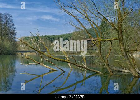 idyllic Landscape at River Sieg in Siegerland region close to Windeck,Germany Stock Photo