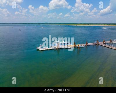 Captain's Fishing Parties cruise ship Captain George aerial view at Plum Island Beach dock on Merrimack River, Newburyport, Massachusetts MA, USA. Stock Photo