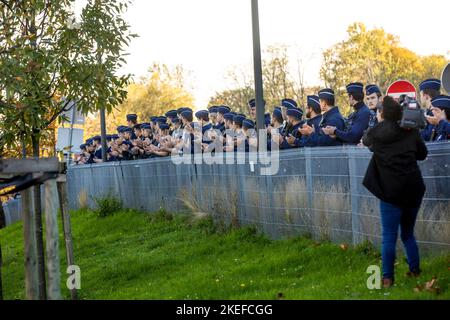 Illustration shows  a guard of honnor for the police officer injured in a stabbing attack last Thursday, as he is leaving hospital, UZ Jette, Saturday 12 November 2022. BELGA PHOTO HATIM KAGHAT Stock Photo