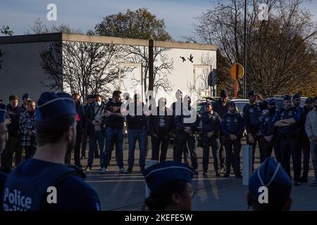 Illustration shows  a guard of honnor for the police officer injured in a stabbing attack last Thursday, as he is leaving hospital, UZ Jette, Saturday 12 November 2022. BELGA PHOTO HATIM KAGHAT Stock Photo