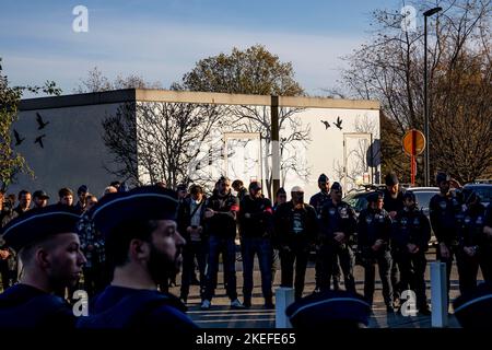 Illustration shows  a guard of honnor for the police officer injured in a stabbing attack last Thursday, as he is leaving hospital, UZ Jette, Saturday 12 November 2022. BELGA PHOTO HATIM KAGHAT Stock Photo