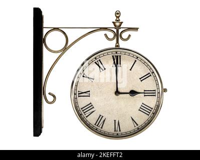 old train Station Clock with roman numerals showing 3 O'clock isolated on white background, studio shot Stock Photo