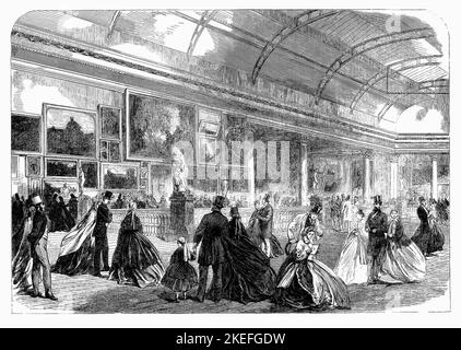 A display of art from overseas in the Exhibition Centre erected for the second Dublin International Exhibition held in what became Iveagh Gardens, during the summer of 1865 in Ireland. Stock Photo