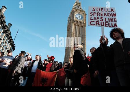 London, UK. 12th Nov 2022. Albanians in London protested on Saturday (November 12) following the statements made by Secretary Suella Braverman, who spoke of "invasion" due to the high number of immigrants. Credit: Joao Daniel Pereira/Ģ����ý Live News Stock Photo