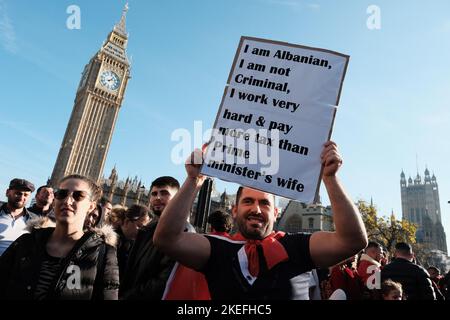 London, UK. 12th Nov 2022. Albanians in London protested on Saturday (November 12) following the statements made by Secretary Suella Braverman, who spoke of "invasion" due to the high number of immigrants. Credit: Joao Daniel Pereira/Ģ����ý Live News Stock Photo