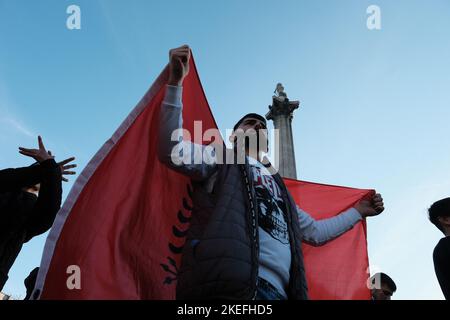 London, UK. 12th Nov 2022. Albanians in London protested on Saturday (November 12) following the statements made by Secretary Suella Braverman, who spoke of "invasion" due to the high number of immigrants. Credit: Joao Daniel Pereira/Ģ����ý Live News Stock Photo
