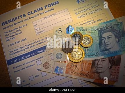 Benefits Claim Form, Housing Benefit and Council Tax Benefit claim form RBKC, with sterling cash notes Stock Photo