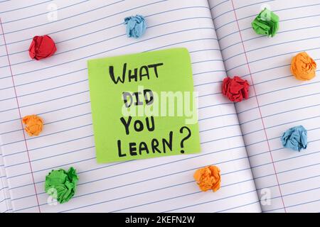 A green paper note with the question What did you learn on it on a notebook sheet with some colorful crumpled paper balls around it. Close up. Stock Photo