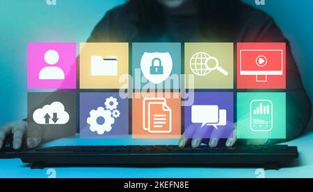 Woman using computer with management document icons interface for data management system concept. Documentation database. DMS. Stock Photo