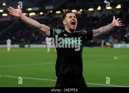 Derby County's James Collins celebrates scoring his sides second goal during the Sky Bet League One match at Stadium MK, Milton Keynes. Picture date: Saturday November 12, 2022. Stock Photo