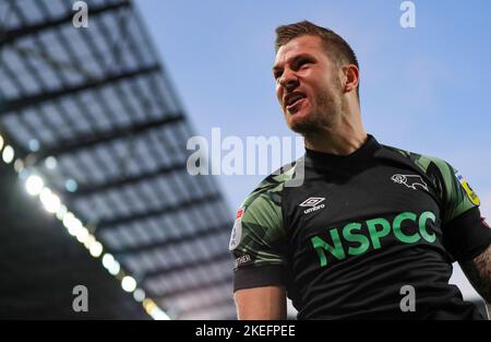 Derby County's James Collins celebrates scoring his sides second goal during the Sky Bet League One match at Stadium MK, Milton Keynes. Picture date: Saturday November 12, 2022. Stock Photo