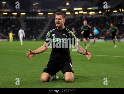 Derby County's James Collins celebrates scoring his sides second goal during the Sky Bet League One match at Stadium MK, Milton Keynes. Picture date: Saturday November 12, 2022. Stock Photo