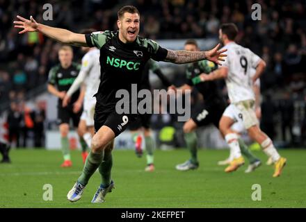 Derby County's James Collins celebrates scoring his sides second goal during the Sky Bet League One match at Stadium MK, Milton Keynes. Picture date: Saturday November 12, 2022. Stock Photo