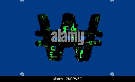 won sign - high tech cyberpunk black and green alphabet on blue, isolated - object 3D rendering Stock Photo