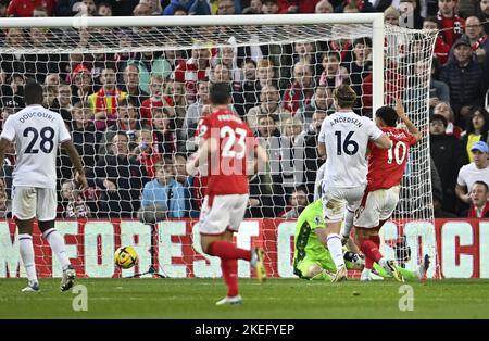 Nottingham, Nottinghamshire, UK. 12th Nov, 2022. GOAL. Morgan Gibbs-White (Nottingham Forest, 10) scores the first Forest goal during the Nottingham Forest V Crystal Palace Premier League match at the City Ground, Nottingham, UK. Credit: MARTIN DALTON/Alamy Live News Stock Photo