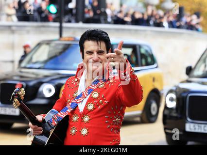 London, UK November 12th 2022. There was glorious sunshine for the Lord Mayor's Show parade in the historical Square Mile. Elvis impersonator in the procession. Credit : Monica Wells/Alamy Live News Stock Photo