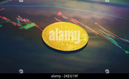 Gold bitcoins on a stack of coins with chart of growing and falling valuance of a cryptocurrency. Stock Photo