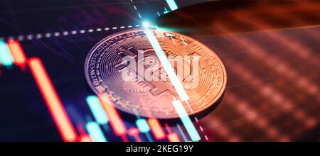Gold bitcoins on a stack of coins with chart of growing and falling valuance of a cryptocurrency. Stock Photo